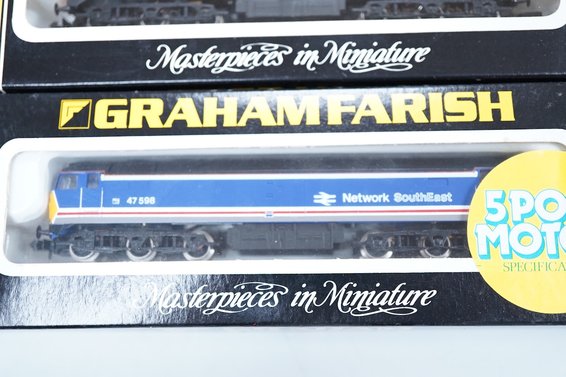 Four boxed Graham Farish N gauge railway Class 47 diesel locomotives; a Waterman Railways Heritage Class, Lady Godiva 47 710 (8022), a Network SouthEast, 47 598 (8024), a Rail Express, 47 594 (8025) and a Railfreight Dis